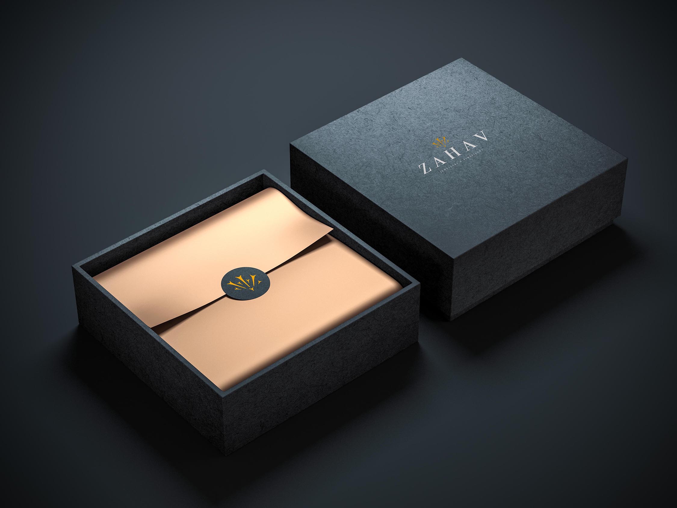 Two Square Black Boxes Mockup with golden wrapping paper, opened and closed, 3d rendering